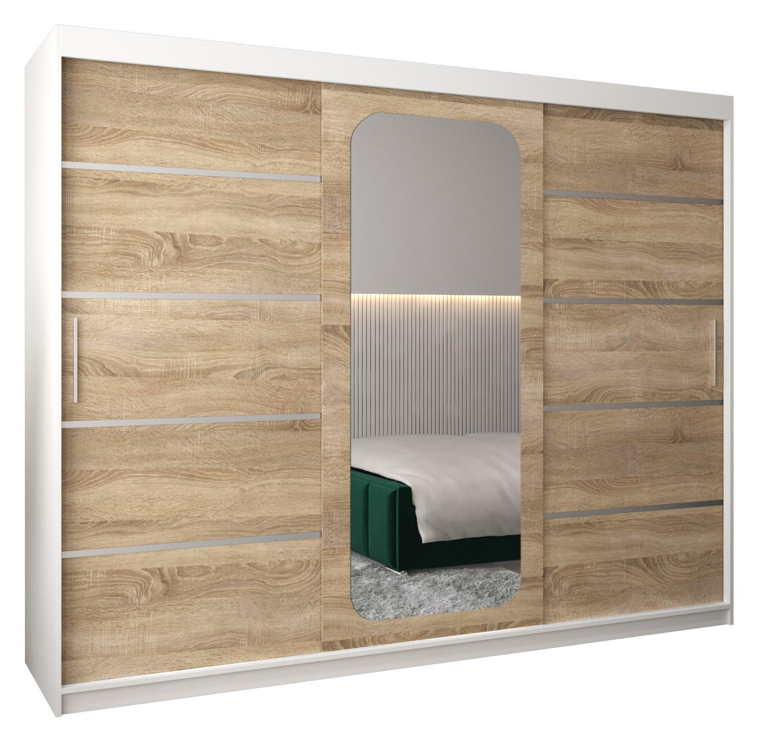 SCHWEBETÜRENSCHRANK 200/250/62 3-türig - Silberfarben/Weiß, Holz/Kunststoff (250/200/62cm) - Abiks Möbel