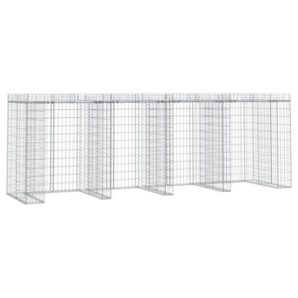 4ER Gabionen Mülltonnenbox ESOL mit Dach | 120x350x91cm | Für 4 Tonnen - Silberfarben, Metall (350/120/91cm) - DELUKE