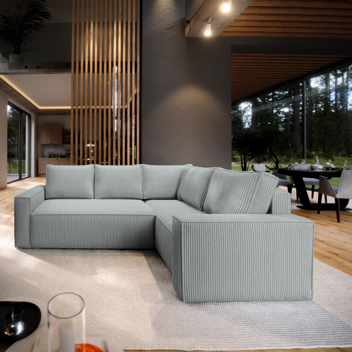 ECKSOFA ESTANO R-S Hellgrau Kordstoff mit Schlaffunktion - Hellgrau, Holz (230/158cm) - MASSENO