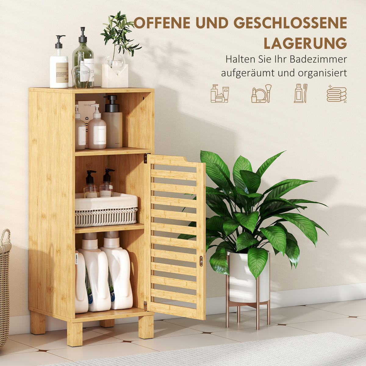 BADEZIMMERSCHRANK Badschrank schmal mit verstellbaren Regalen, offenem Fach - Naturfarben, Holz/Bambusholz (30/80/30cm) - HOMCOM