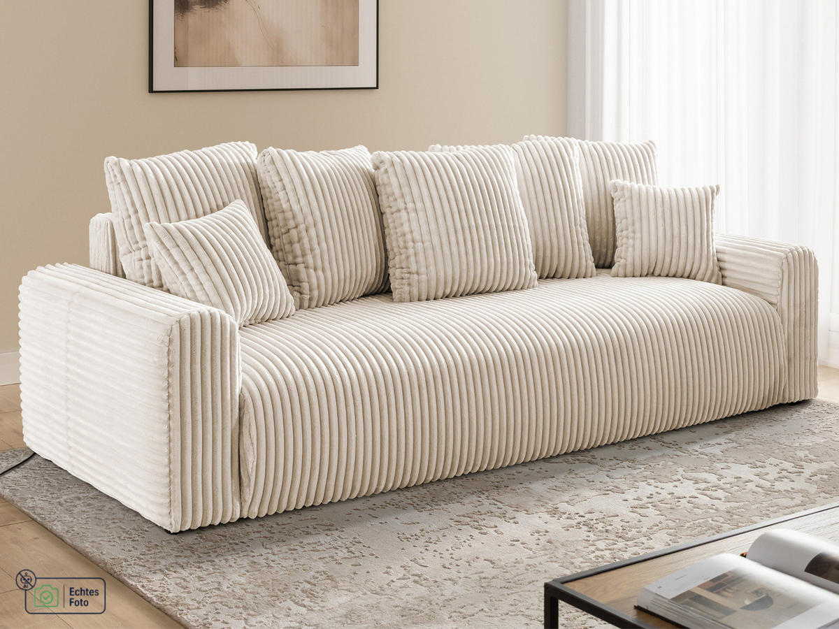 SCHLAFSOFA Calma mit Bettkasten im Bumpy-Design aus weichem Creme Plüschcord - Creme/Schwarz, Holz/Kunststoff (239/88/98cm) - S-Style