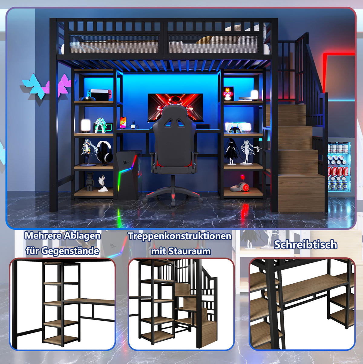 HOCHBETT 90/200 cm Schwarz aus Metall mit Schreibtisch - Schwarz, Metall (90/200cm) - OKMYHOME