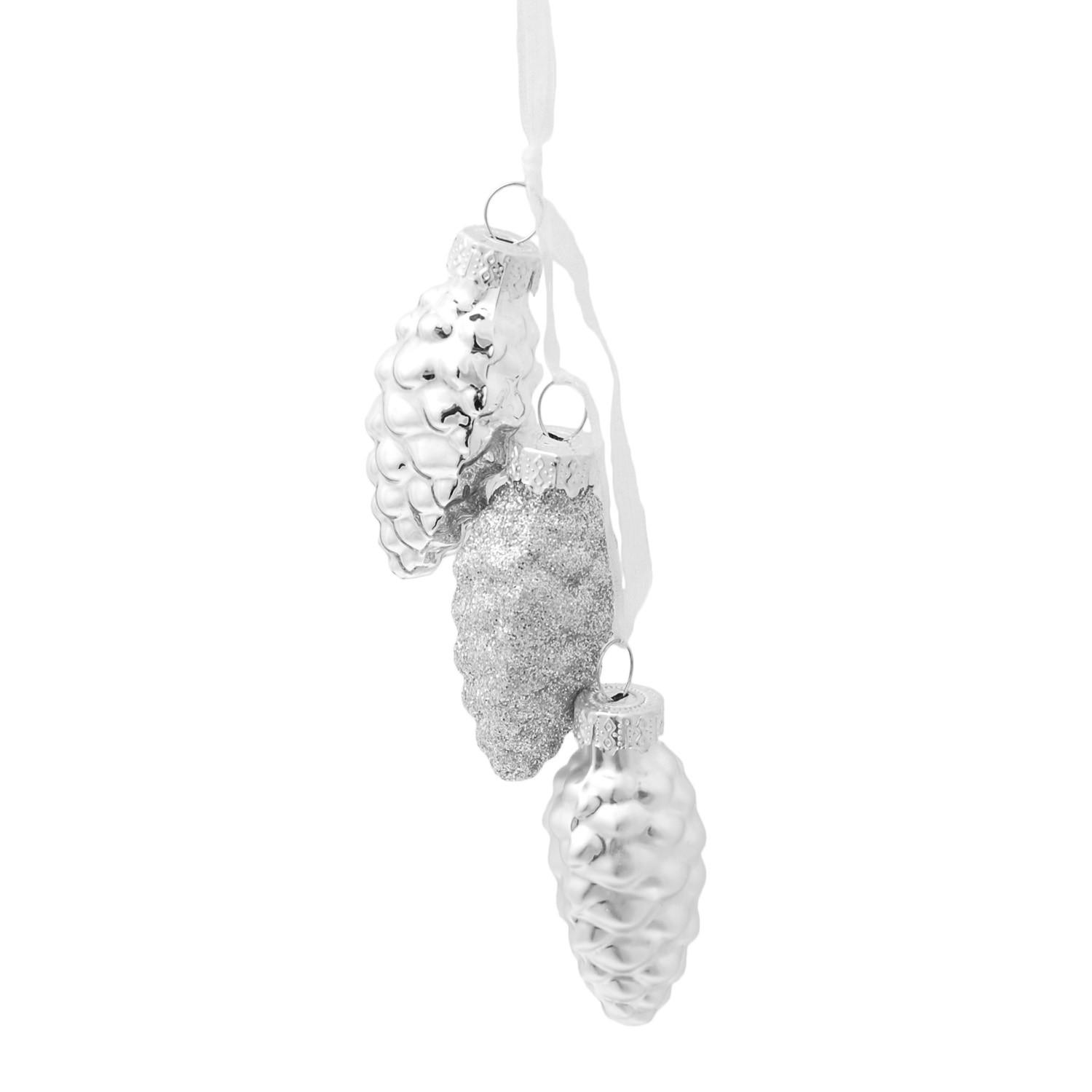 CHRISTBAUMSCHMUCK Tannenzapfen Mini-Set mit Band Silberfarbig 4cm (Glas / 6 Stk.) - Silberfarben, Glas (2/4/2cm) - Krebs Glas Lauscha