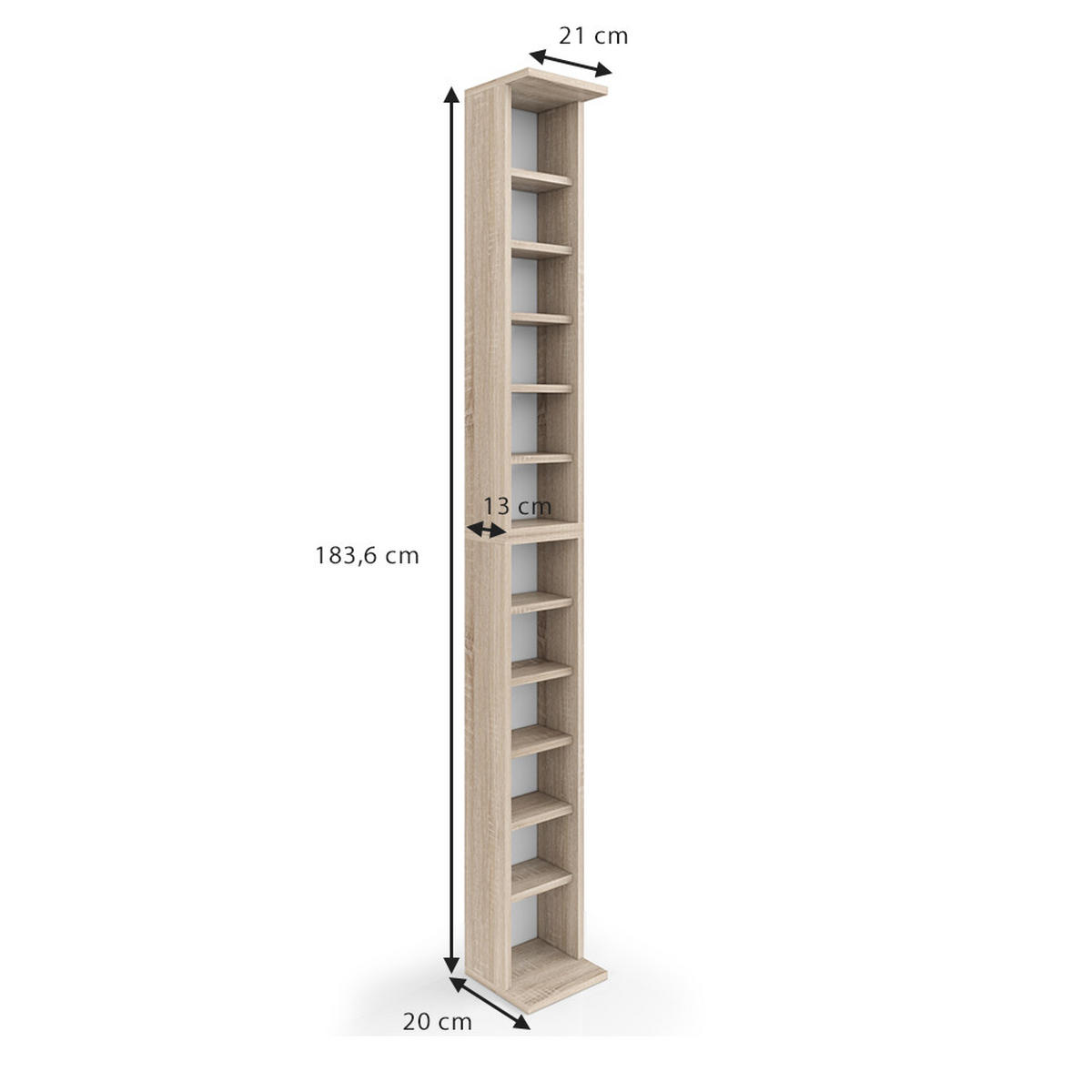 CD-REGAL Sonoma 21 x 183.6 cm Groß - Sonoma Eiche, Holzwerkstoff (21/183.6/20cm) - Vicco
