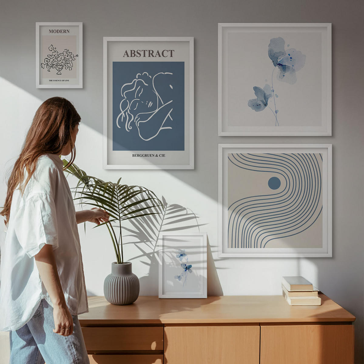 WANDBILDER 5er-Set - 50x50 cm & 20x30 cm & 40x60 cm Weißer Rahmen - abstrakte Poster mit Blumenlinien - Weiß, Kunststoff (40/60cm) - ArtPrintCave