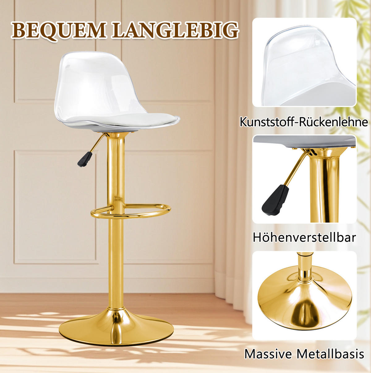BARHOCKER 2er-Set höhenverstellbar 82-104 cm Gold Transparent - Transparent, Metall (40.5/104/40.5cm) - Meubliv