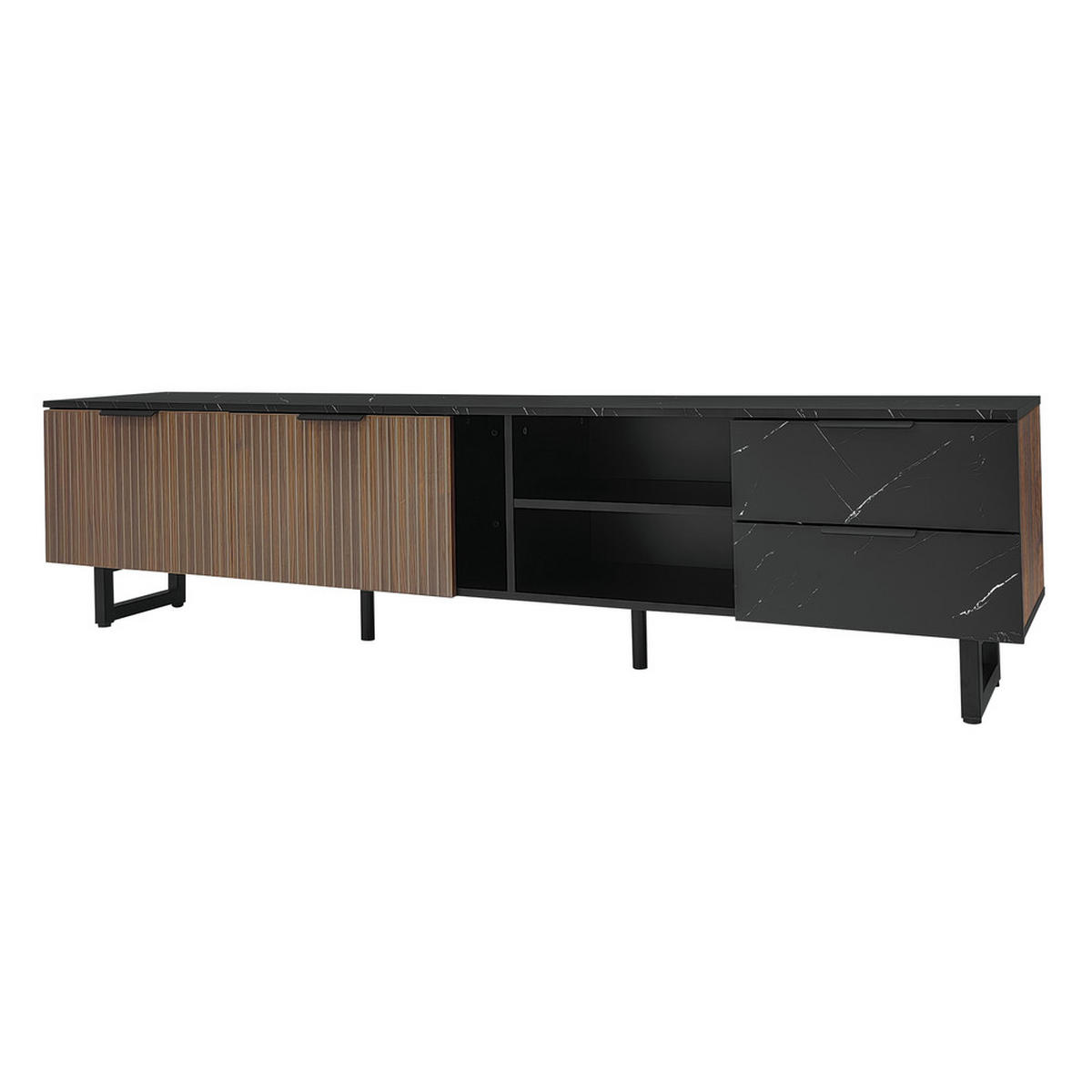 TV-SCHRANK 200cm schwarze Marmoroptik Holzmasertüren LED 2 Türen 2 Schubladen - Schwarz, Holz (38/50/200cm) - FLIEKS