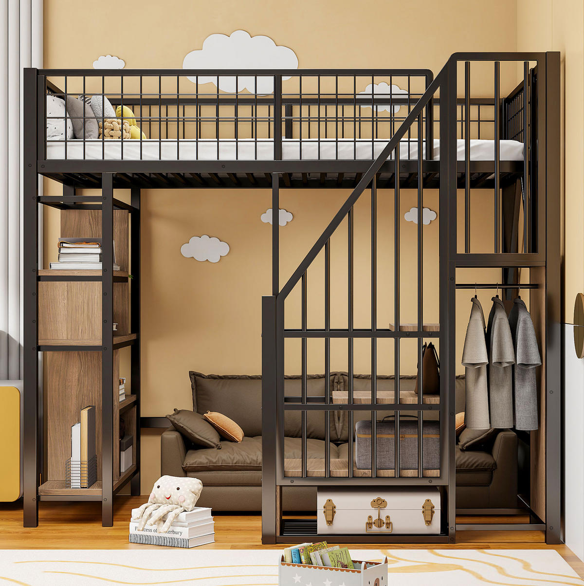 HOCHBETT 90/200 cm in Schwarz – mit Stauraumtreppe und Ablagefächern - Schwarz, Metall (90/200cm) - BEAOK