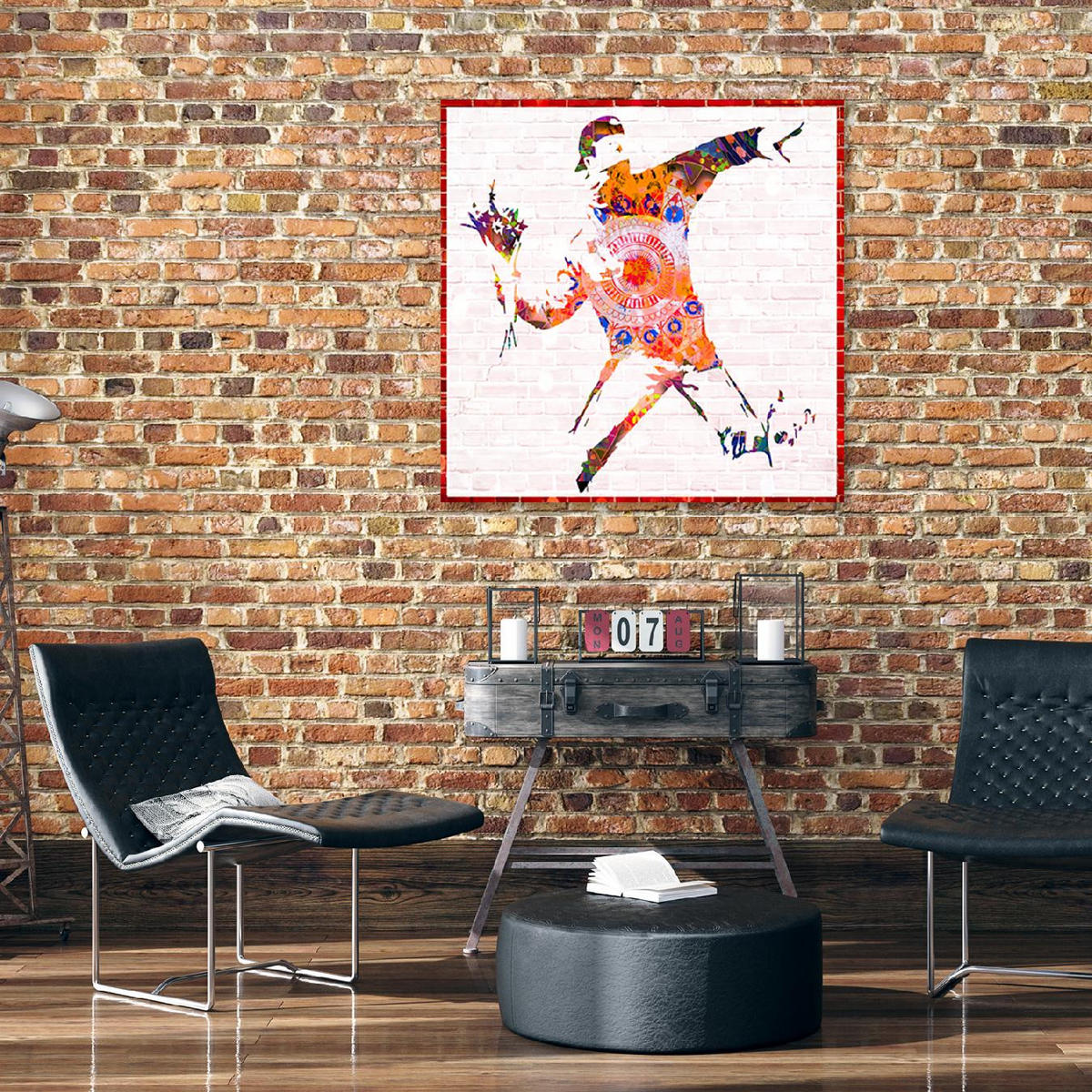 WANDBILD banksy blumenwerfer - Orange, Textil (50/50cm) - Feeby