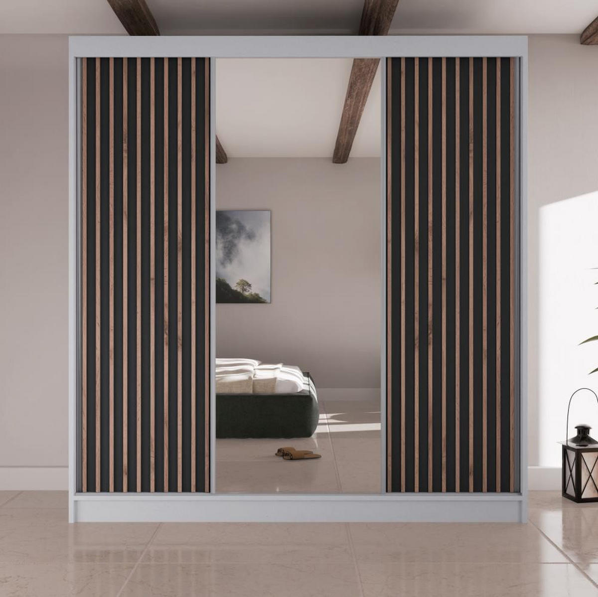 SCHWEBETÜRENSCHRANK Lico II 200/61/215 weiß+schwarz - Schwarz/Weiß, Holzwerkstoff (200/215/61cm) - Beautysofa
