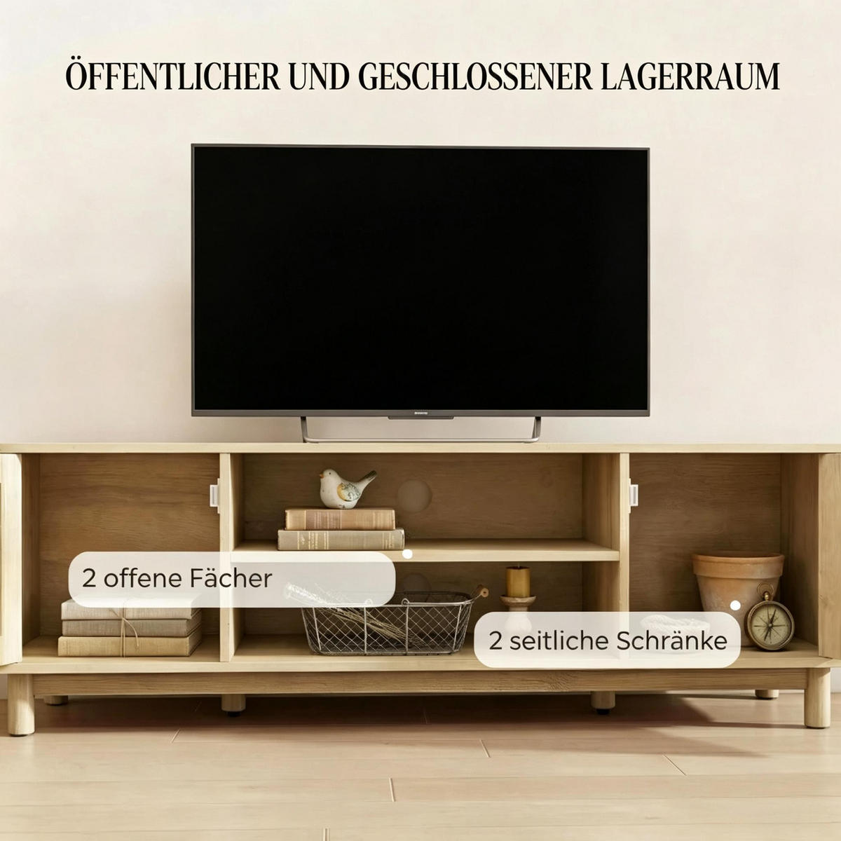 TV-SCHRANK 135/39/45 cm Eiche mit 2 Rattan-Türen und offenen Fächern - Eichefarben, Holz/Holzwerkstoff (135/45/39cm) - Oxeza