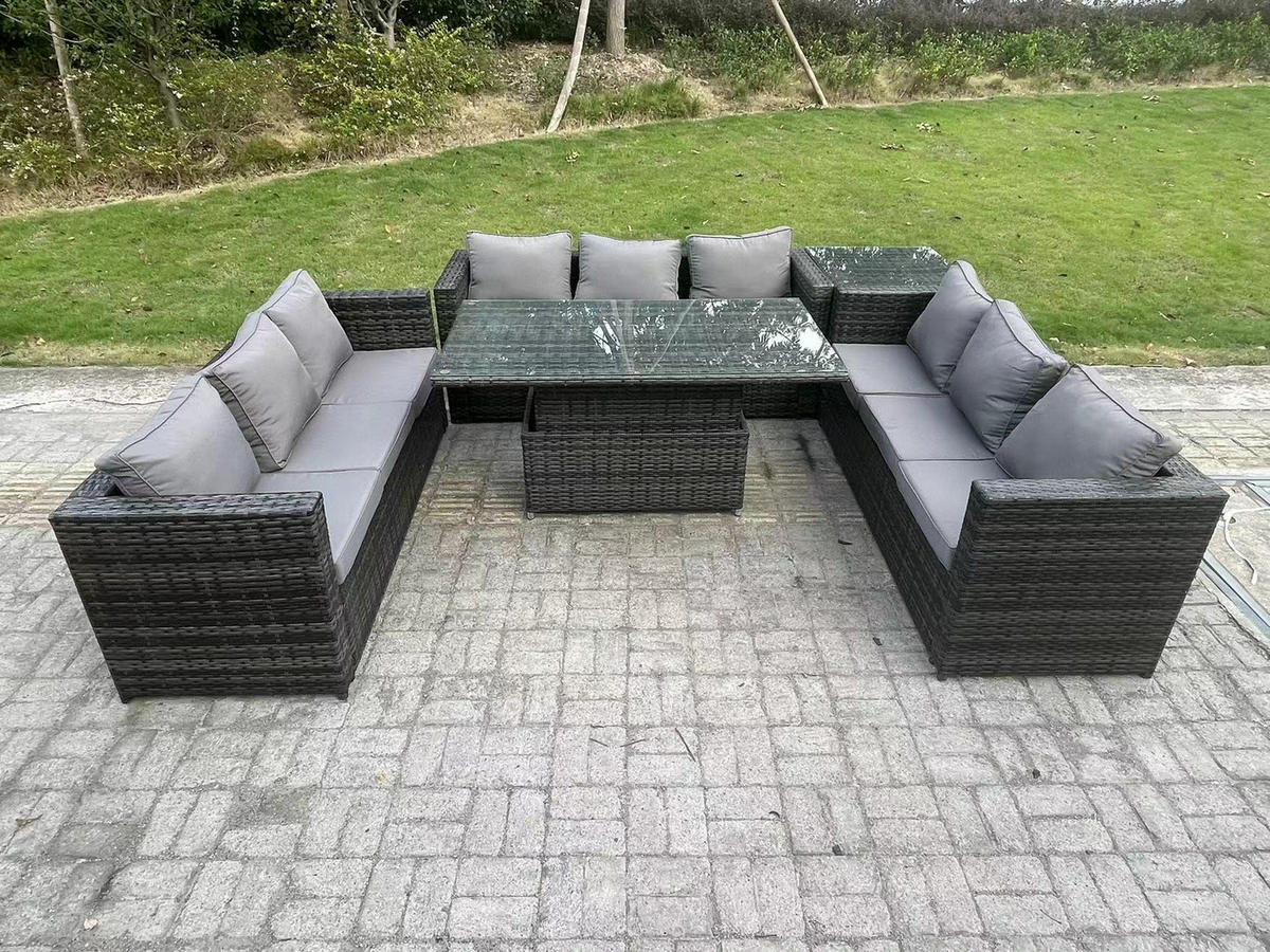 GARTENMÖBEL HÖHENVERSTELLBARER ESSTISCH SET Polyrattan Outdoor 9-Sitzer - Dunkelgrau/Grau, Glas/Kunststoff - Fimous