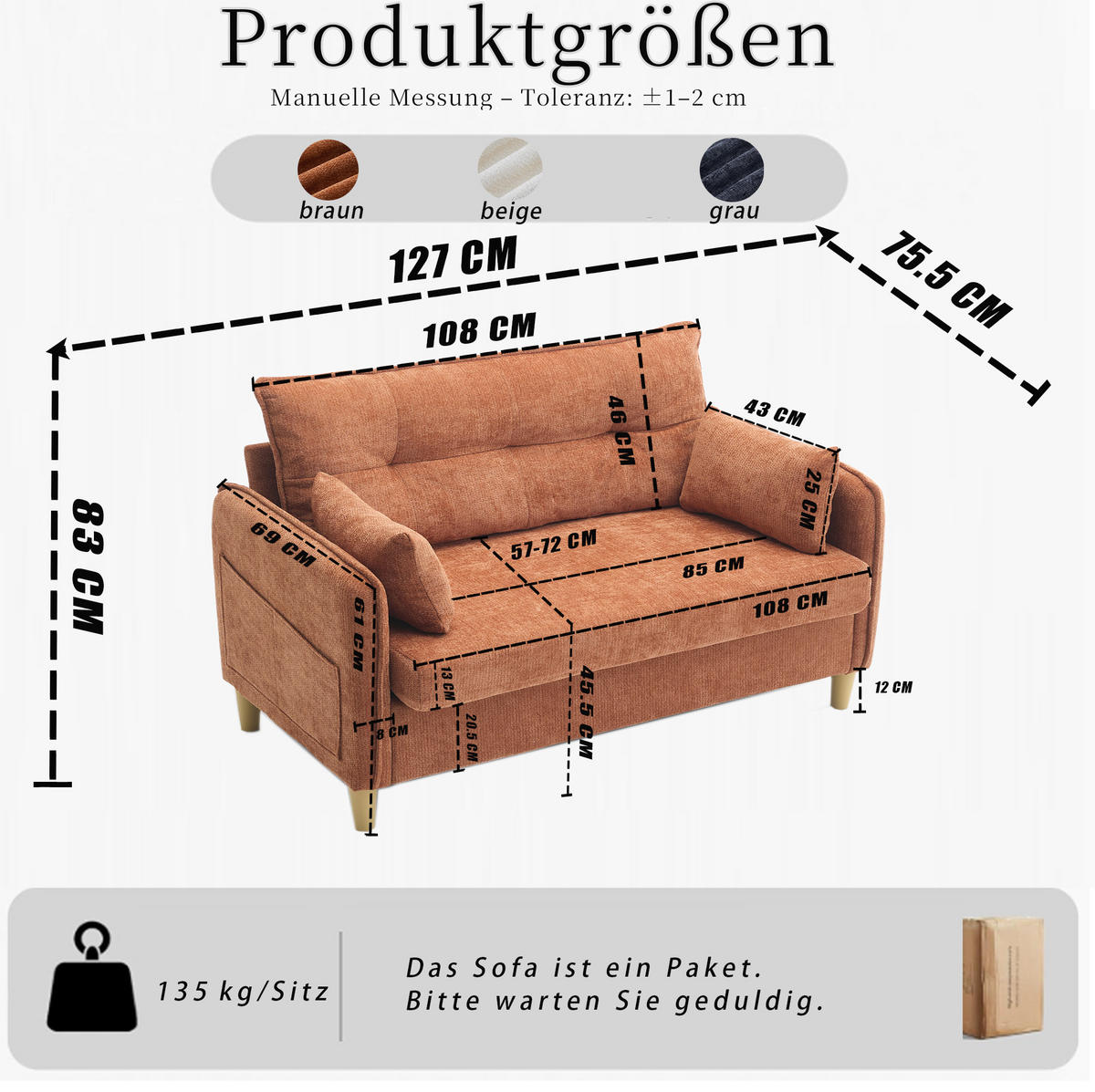 SOFA 2-Sitzer mit Armlehnen 127 cm Brown - Braun, Holzwerkstoff (127/83/75.5cm) - Meubliv