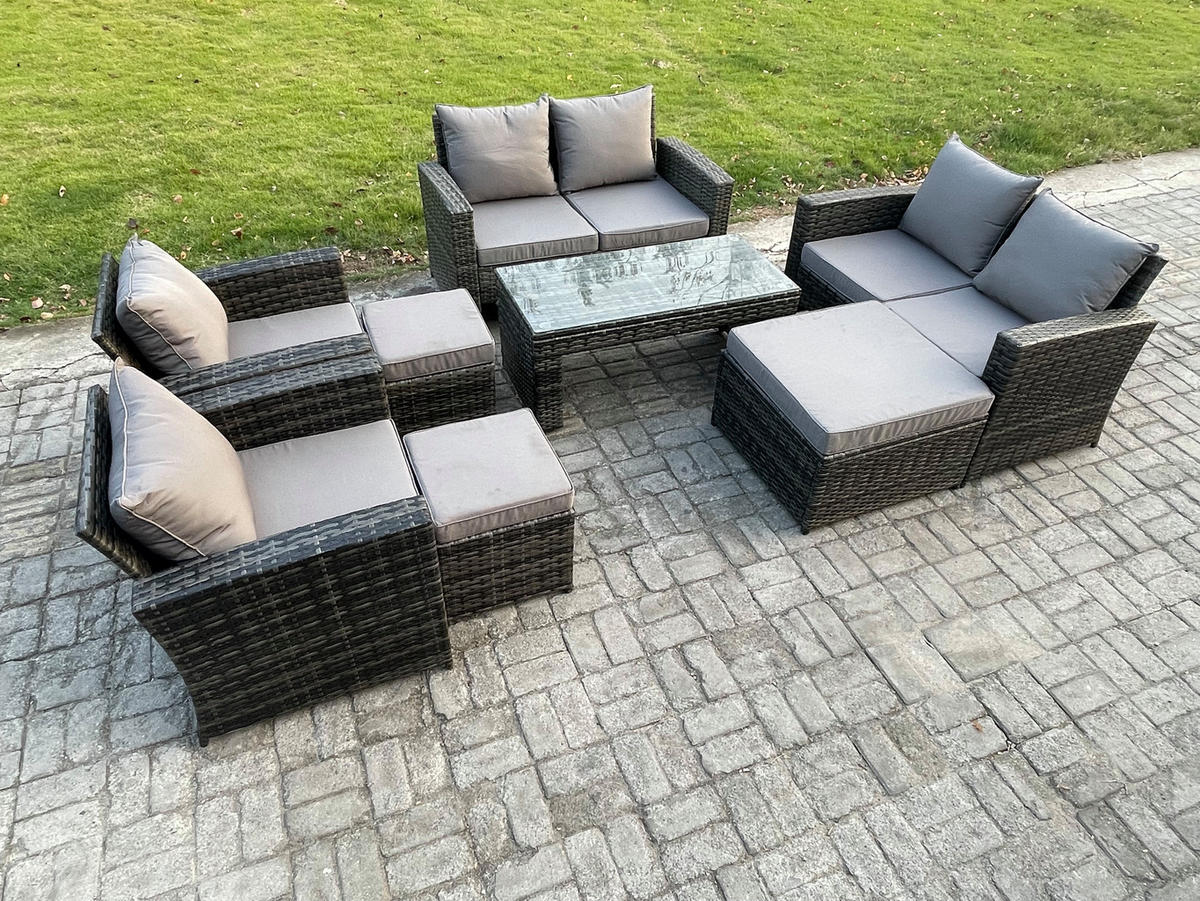 GARTENSET Polyrattan Dunkelgrau 9-Sitzer - Dunkelgrau, Metall - Fimous