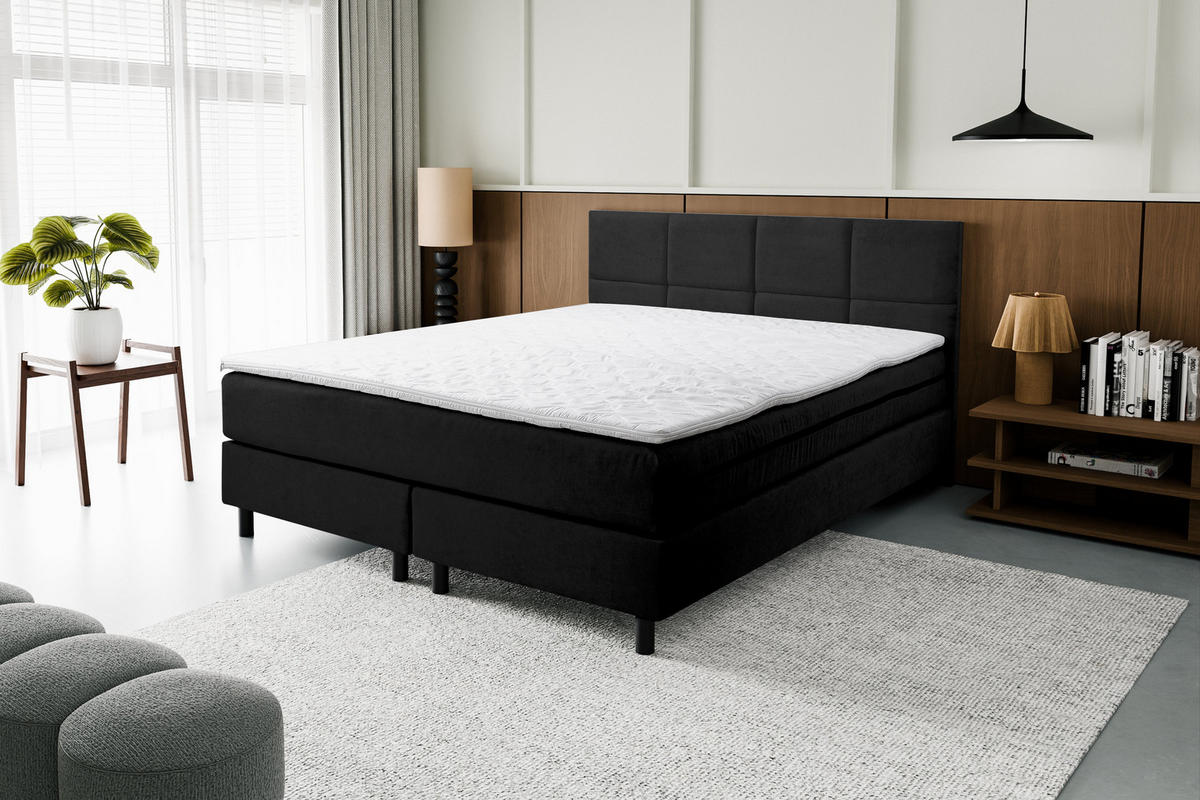 BOXSPRINGBETT Kansas, Polsterbett Maße: 160x200 cm, Farbe: Schwarz, Velourstoff, Doppelbett mit Bonell-Matratze H3 inkl. Topper - Schwarz, Holz/Kunststoff (160/200cm) - VENASI MÖBEL