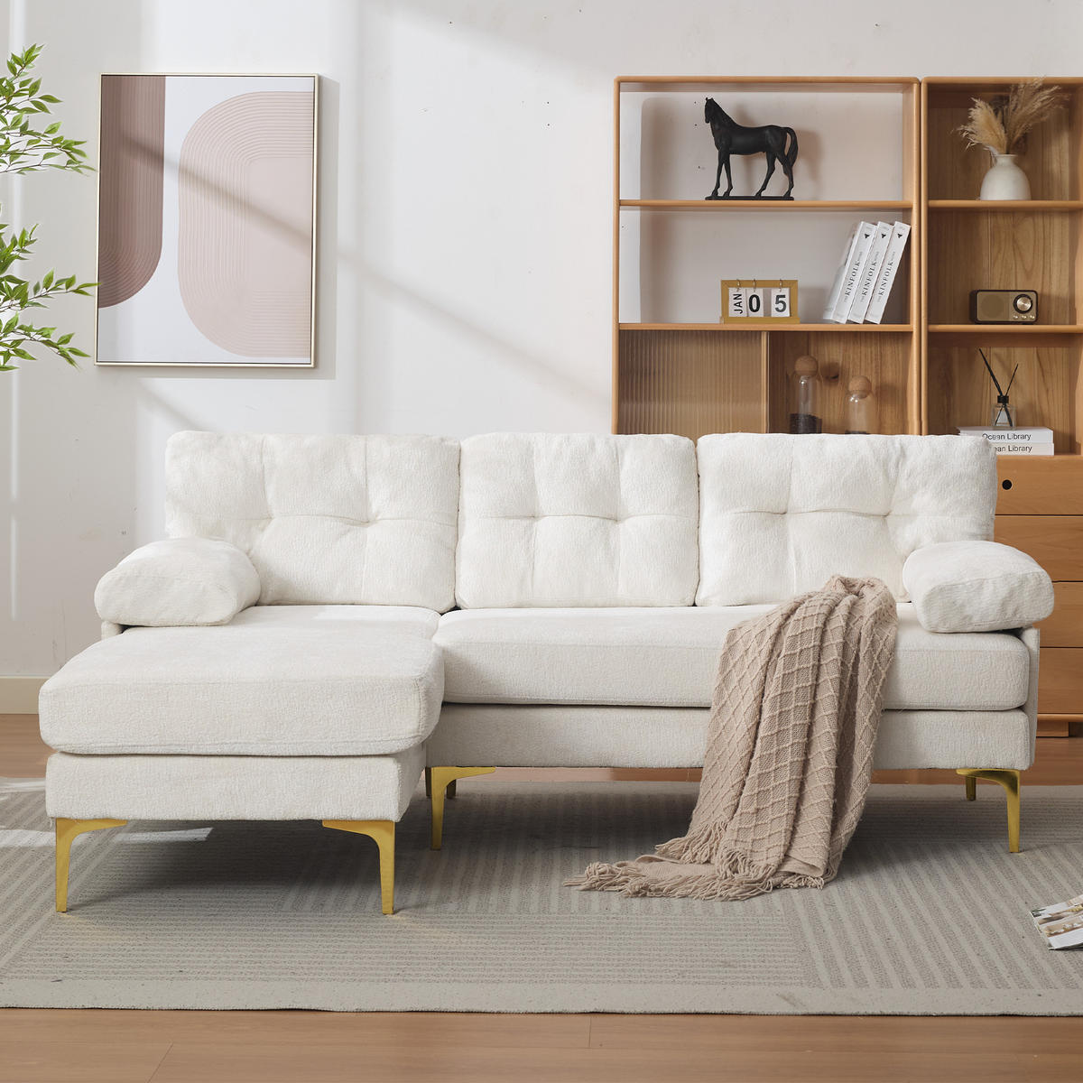 ECKSOFA 187.5/130/79 cm Beige mit 3 Sitzkissen und Stuhlbeine aus Metall - Beige, Textil (130/79/187.5cm) - Oxeza