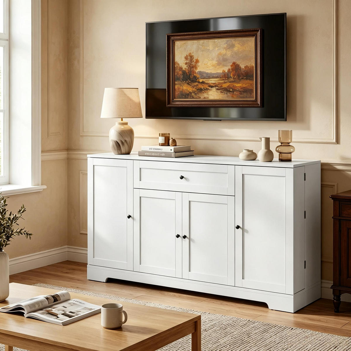 SIDEBOARD DE-38831 140/40/80 cm Schublade und 4 Türen Weiß - Weiß, Holzwerkstoff (140/80/40cm) - ComfortXL