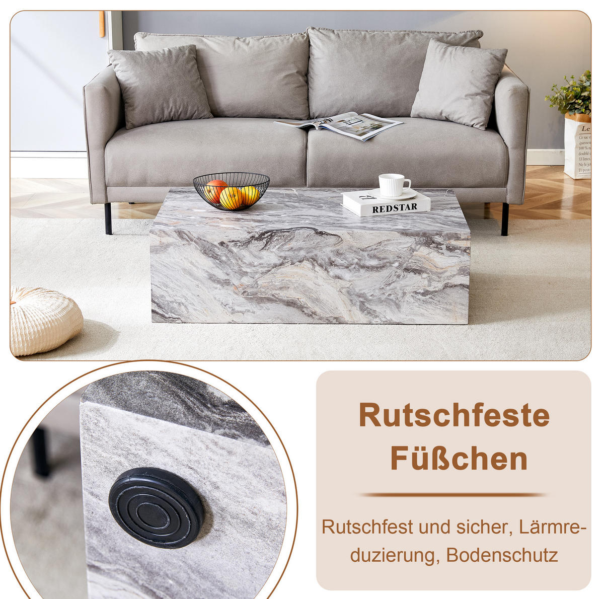 COUCHTISCH aus MDF 90x50x30 cm in Grau mit Marmorimitat-Textur - Grau, Holzwerkstoff (90/50/30cm) - Modfu