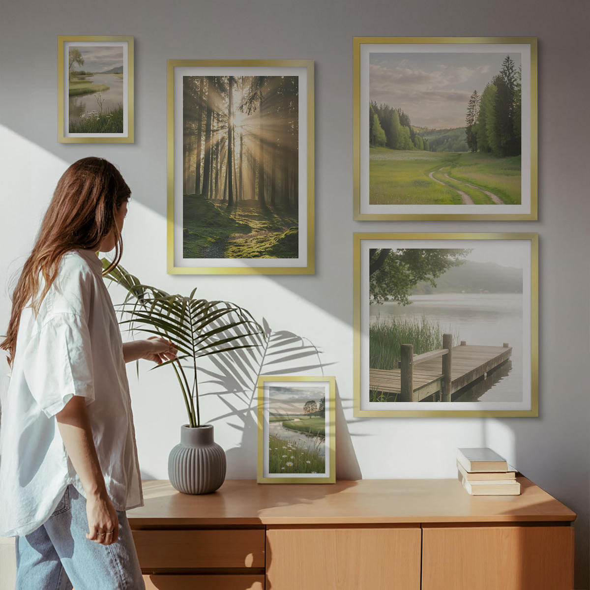 BILDER SET 5er Set - 50x50 cm & 20x30 cm & 40x60 cm Goldrahmen - Frühlingslandschaft Flusswiese - Goldfarben, Kunststoff (40/60cm) - TULUP