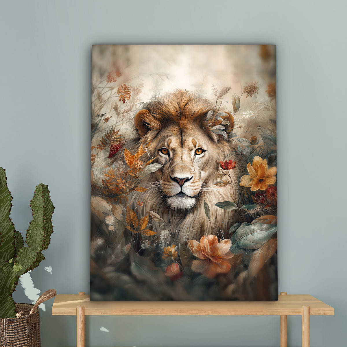 LEINWANDBILD Löwe - Wildtiere - Pflanzen - Natur - Blumen Wandbild Wohnzimmer 60x80 cm - Beige, Textil (60/80cm) - MuchoWow