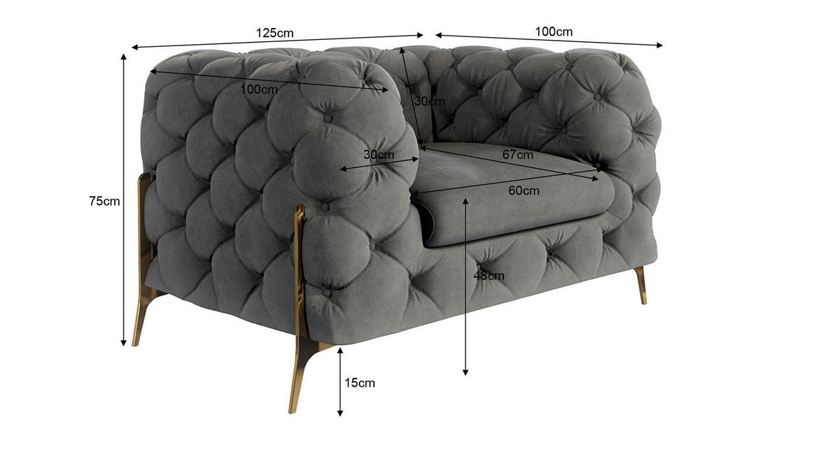 SITZGARNITUR 3+2+1 Chesterfield Lexi Grau Samt - Goldfarben/Grau, Holz/Textil (243/75/100cm) - S-Style Möbel