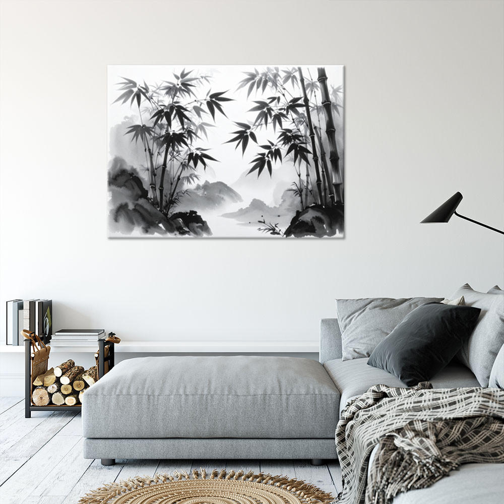 LEINWANDBILD Bambus Berge Japanische Landschaftsmalerei 90x60cm - Schwarz, Textil (90/60cm) - Feeby
