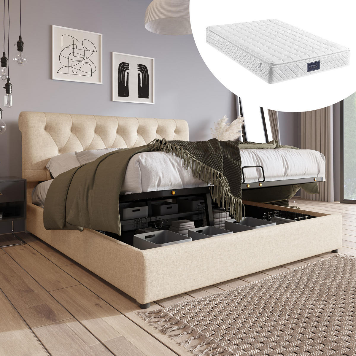 POLSTERBETT 160/200 cm Naturfarben mit verstellbarem Kopfteil und Stauraum mit Matratze - Naturfarben, Textil (160/200cm) - OKWISH
