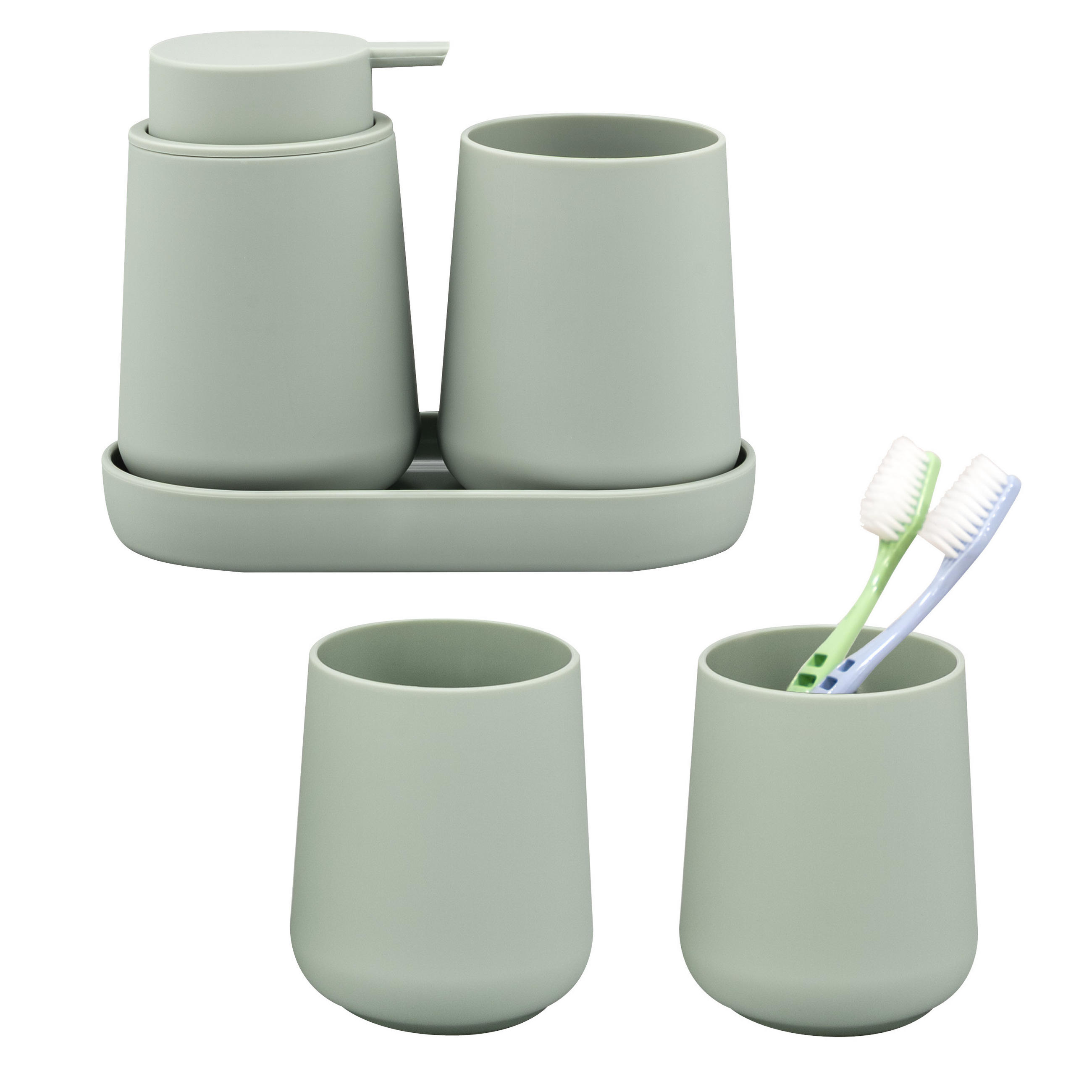 BAD-ACCESSOIRES-SET TESERO 5tlg., Soft-Touch, salbei - Salbeigrün, Kunststoff (8.5/12/9cm) - eluno