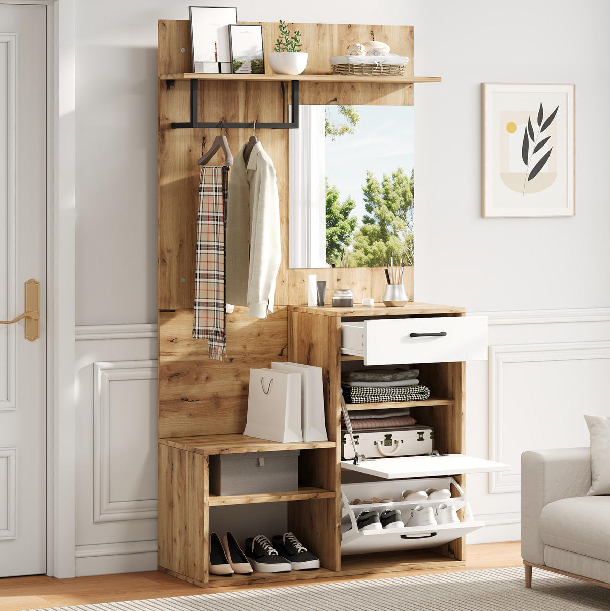 DIELENGARDEROBE mit Spiegel und Sitzbank 100/38,5/190 cm in Weiß/Natur - Weiß, Holzwerkstoff (100/190/38.5cm) - BEAOK