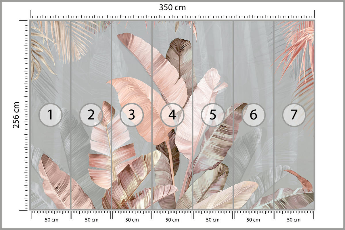 FOTOTAPETE für Esszimmer Tropische Pastell Bananenblätter 350x256 - Beige/Rosa, Papier (350/256cm) - Muralo