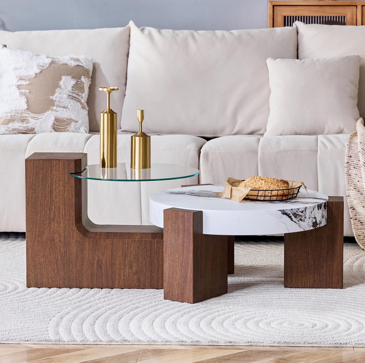 COUCHTISCH-SET 61/30 cm & 44 cm aus MDF und Glas, Nussbaumoptik mit Ablage - Nussbaumfarben, Holzwerkstoff (61/61/30cm) - Flora Grace
