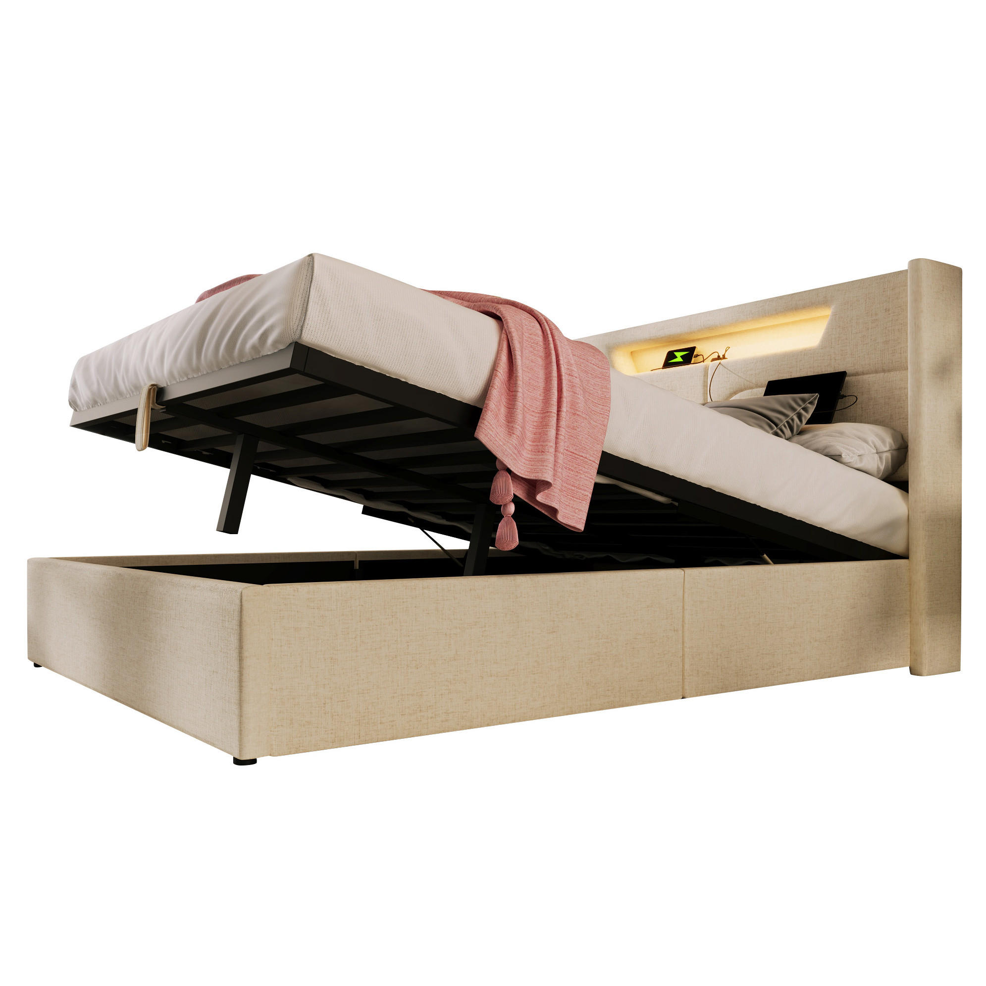 POLSTERBETT 160/200 cm mit LED-Beleuchtung, USB- und Type-C-Anschluss sowie Bettkasten, Beige - Beige, Textil (160/200cm) - Redom