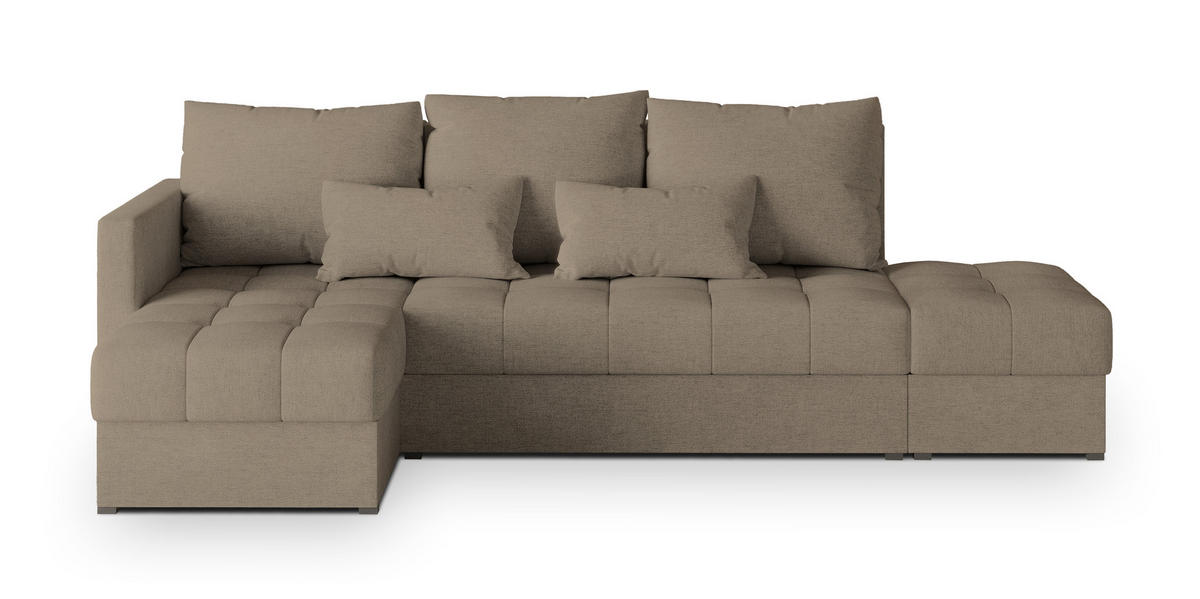 ECKSOFA LUMARI L-S Braun Plüsch-Stoff mit Schlaffunktion - Braun, Holz (262/143cm) - MASSENO