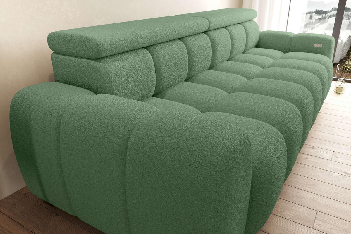 BIGSOFA ALESSIO Bouclé-Stoff Mintgrün mit elektrischer Sitztiefenverstellung - Mintgrün, Kunststoff/Textil (248/77/108cm) - 99rooms