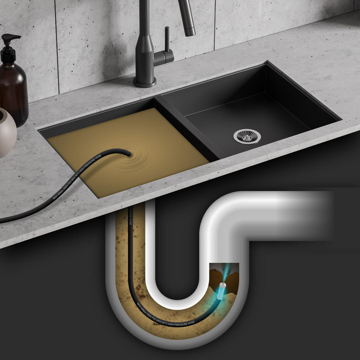 ROHRREINIGUNGSSCHLAUCH-SET , inkl. Aufbewahrungsbeutel, schwarz - Schwarz, Kunststoff (300/1.5/1.5cm) - tectake