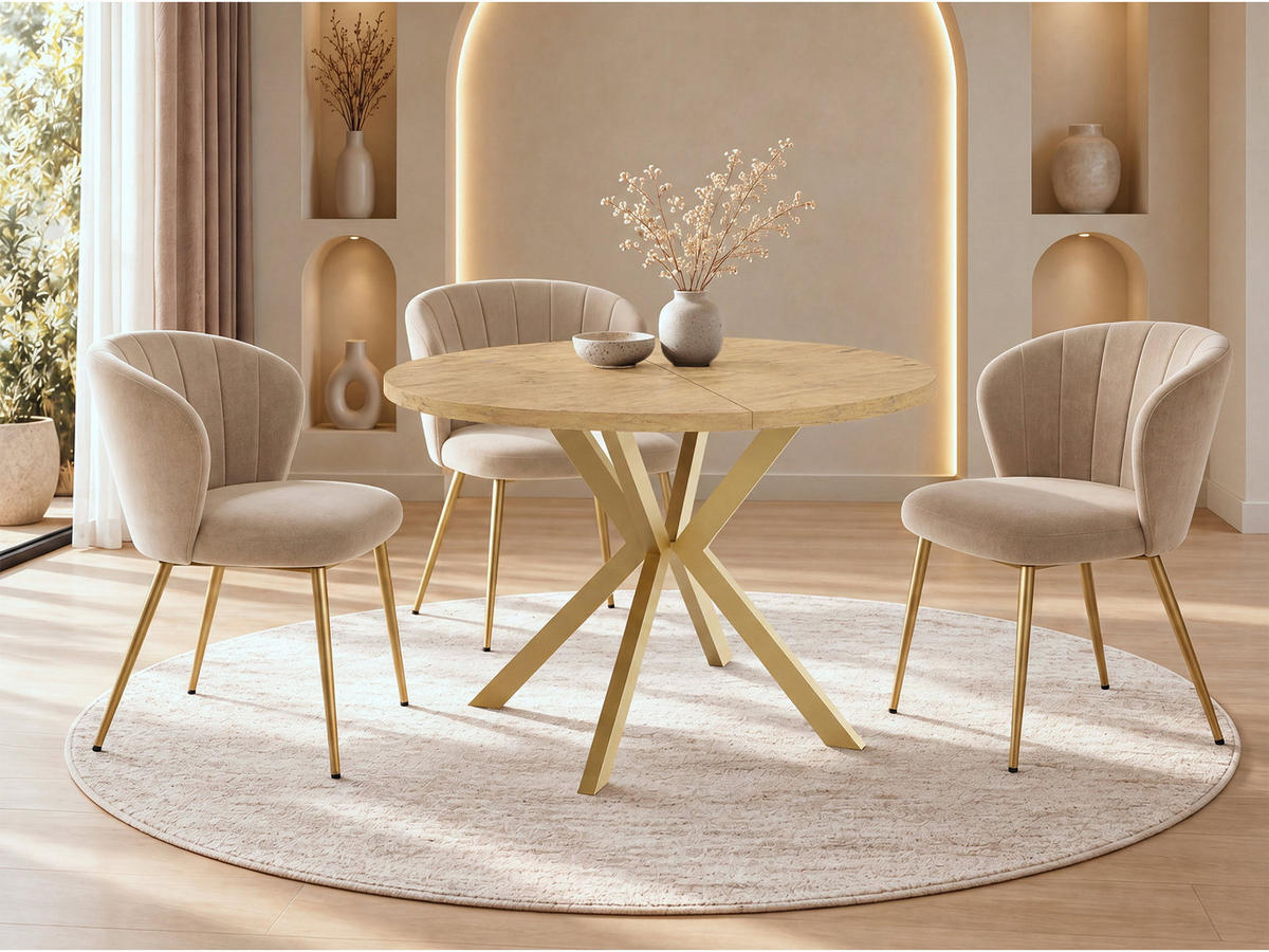 ESSTISCH Flora runder ausziehbarer, Lancelot Eiche 120-200/120/76 cm - Eichefarben/Goldfarben, Holzwerkstoff/Metall (120/200/76cm) - WFL GROUP