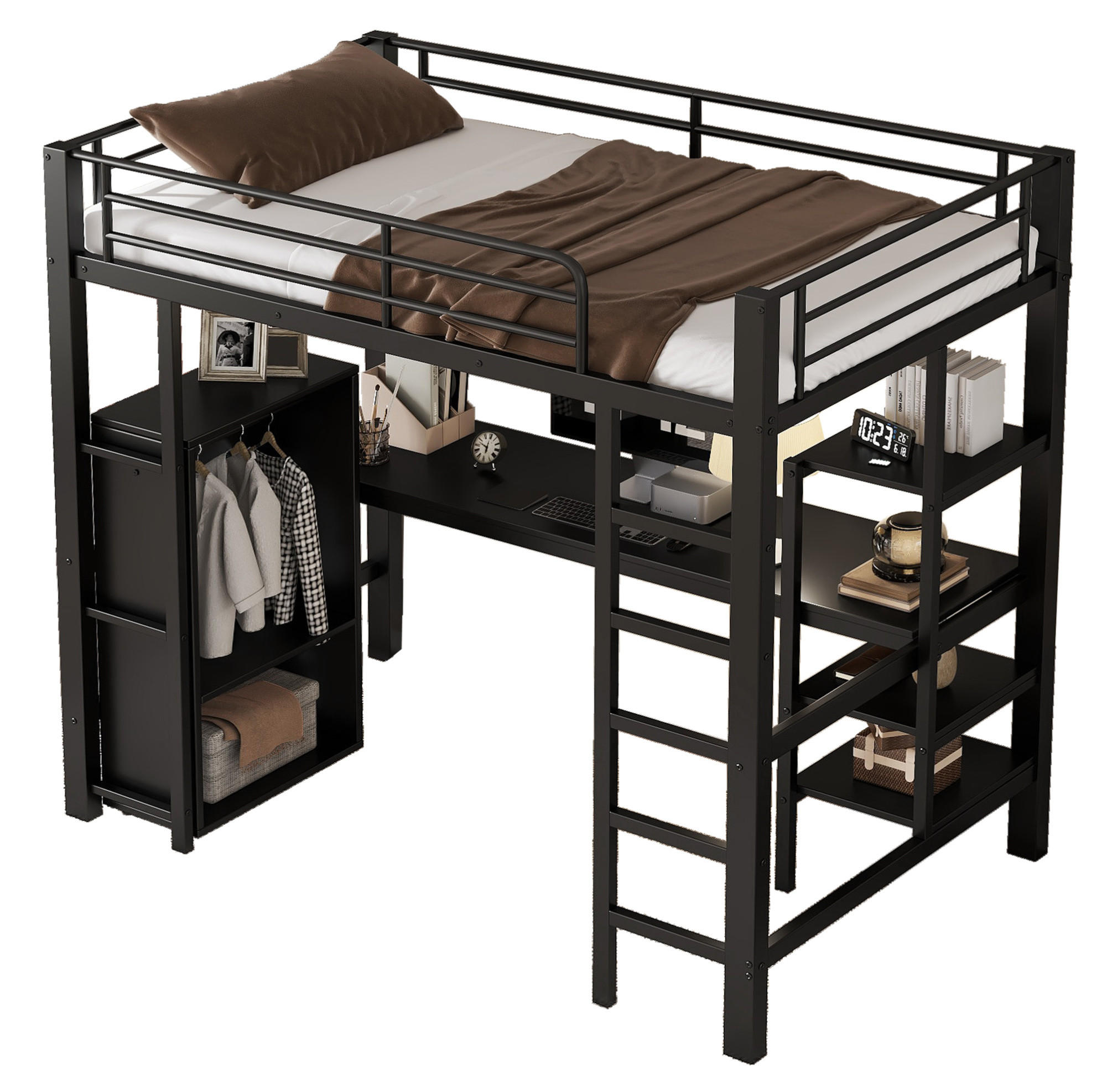 HOCHBETT 90/200 cm aus Metall/MDF mit Schreibtisch und Kleiderschrank Schwarz - Schwarz, Metall (90/200cm) - Modenvie