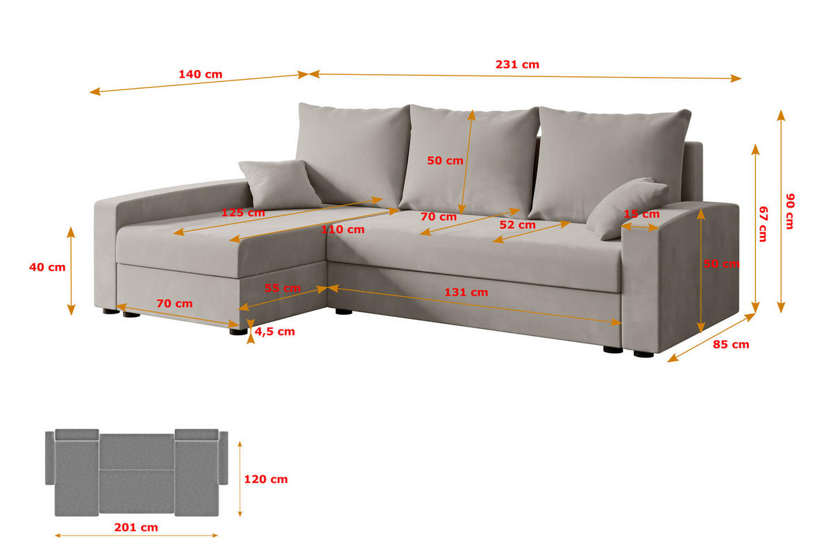 ECKSOFA mit Schlaffunktion und Bettkasten ALESIA-L 231x140x90 cm Hellbraun Velours - Hellbraun/Silberfarben, Holzwerkstoff/Kunststoff (231/140cm) - ALTDECOR