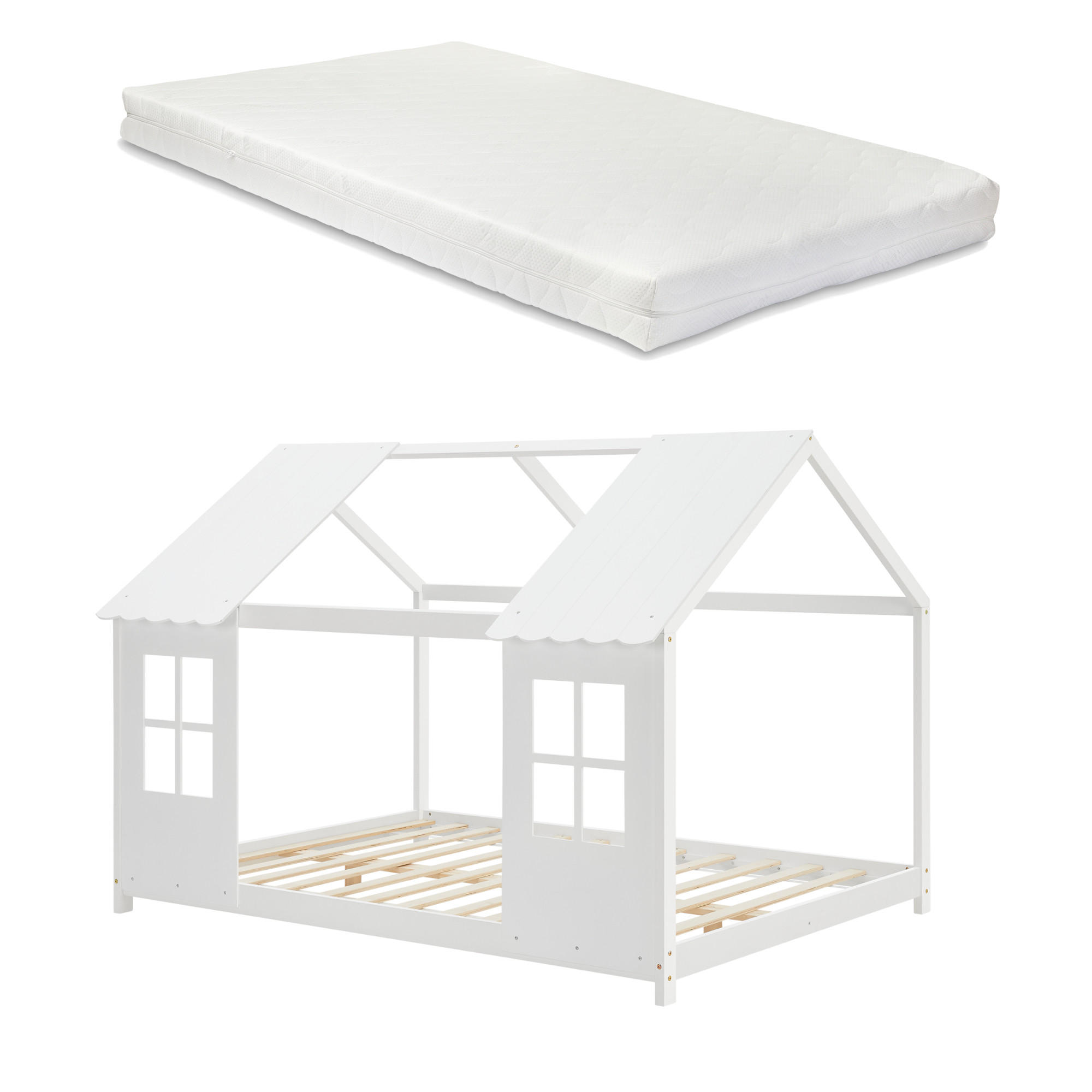 HAUSBETT Tostedt mit Matratze - Weiß, Holz/Textil (140/200cm) - [en.casa]