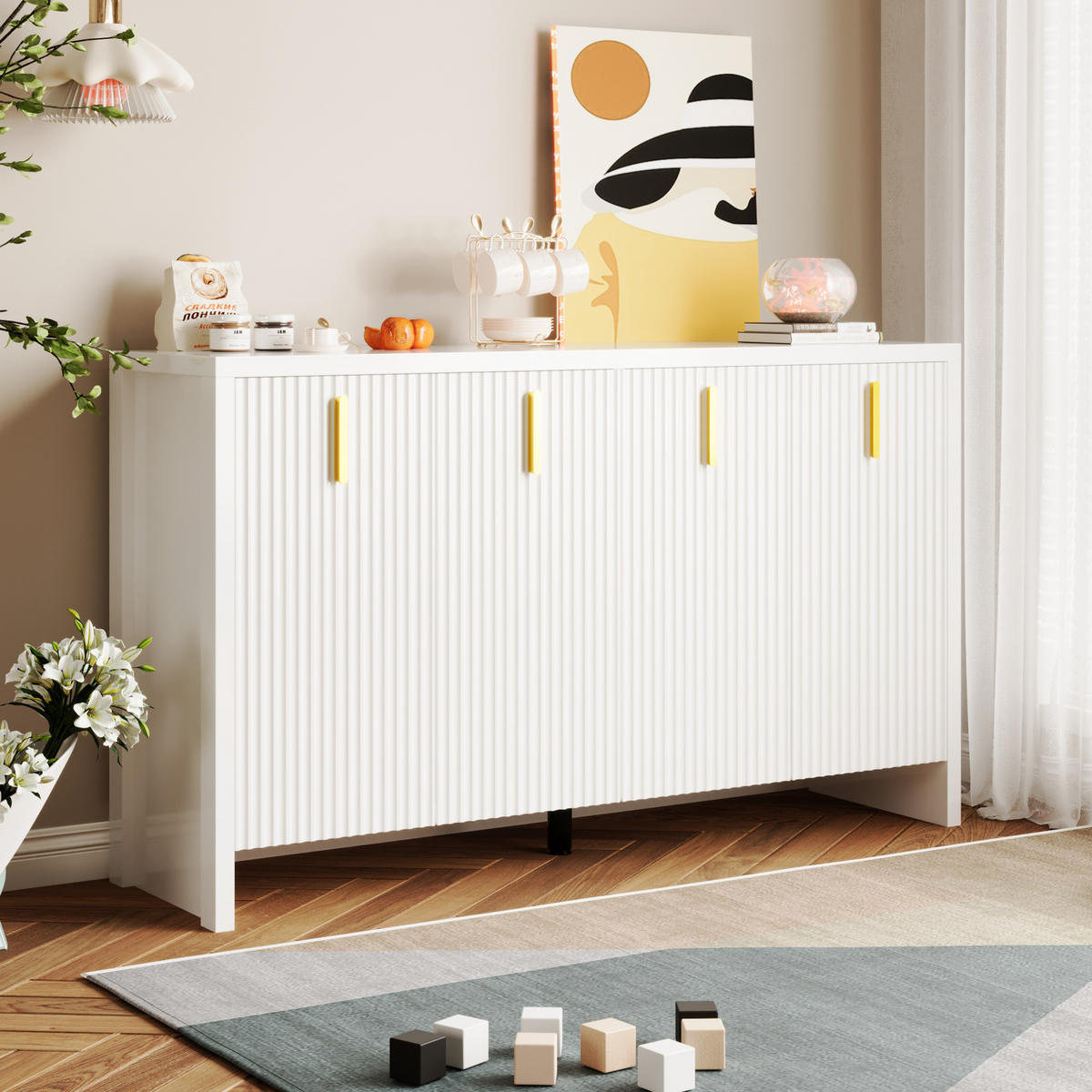 SIDEBOARD in Weiß mit verstellbaren Einlegeböden und goldenen Griffen, 140/38/80 cm, Weiß - Weiß, Holzwerkstoff (140/38/80cm) - Redom