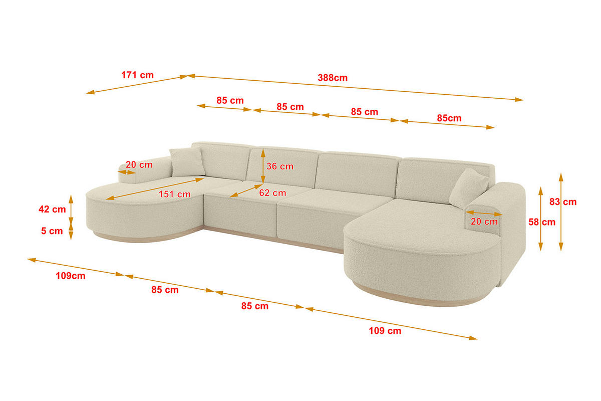 WOHNLANDSCHAFT MARI-U2-v1 - 388x171x83 cm Beige Bouclé - Beige, Holzwerkstoff/Textil (388/83/171cm) - ALTDECOR