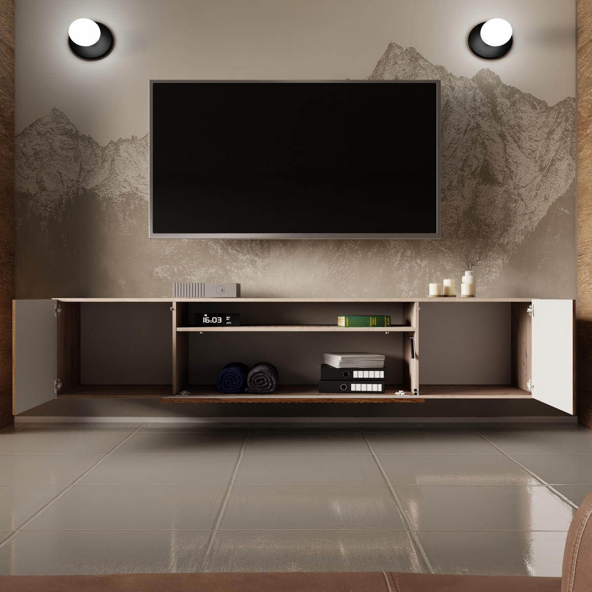 LOWBOARD VAREN 200/41/40 cm, Hängender TV-Schrank Eiche Artisan / Eichefarben - Eichefarben/Eiche Artisan, Holzwerkstoff (200/41/40cm) - MASSENO