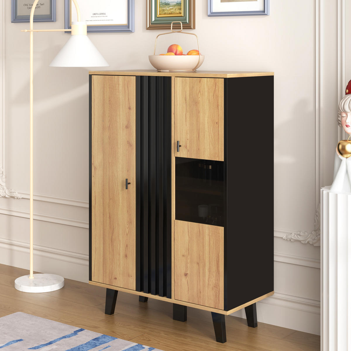 SIDEBOARD, Vitrine mit LED, Glas, Holzoptik/Schwarz - Naturfarben, Holzwerkstoff (40/120/80cm) - FLIEKS