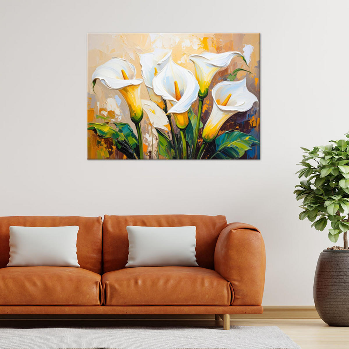 LEINWANDBILD Weiße Callas Blumen wie gemalt 120x80cm - Beige, Textil (120/80cm) - Feeby