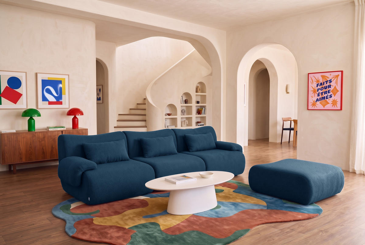 ECKSOFA Bouclé-Stoff Tiefblau - Blau, Textil (281/190cm) - MILYsofa