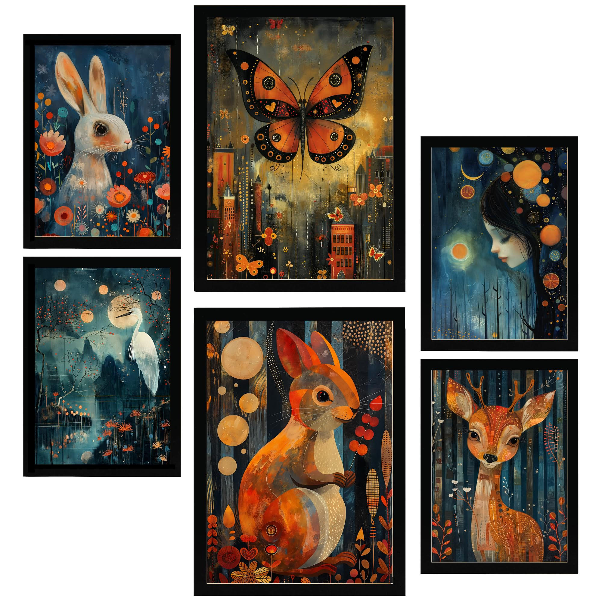 POSTER Set Mit 6 Kaninchen Schmetterling Eichhörnchen Hirsch Von Rosina Wachtmeister A3 & A4 Schwarzer Rahmen - Schwarz, Papier (29/3cm) - Nacnic