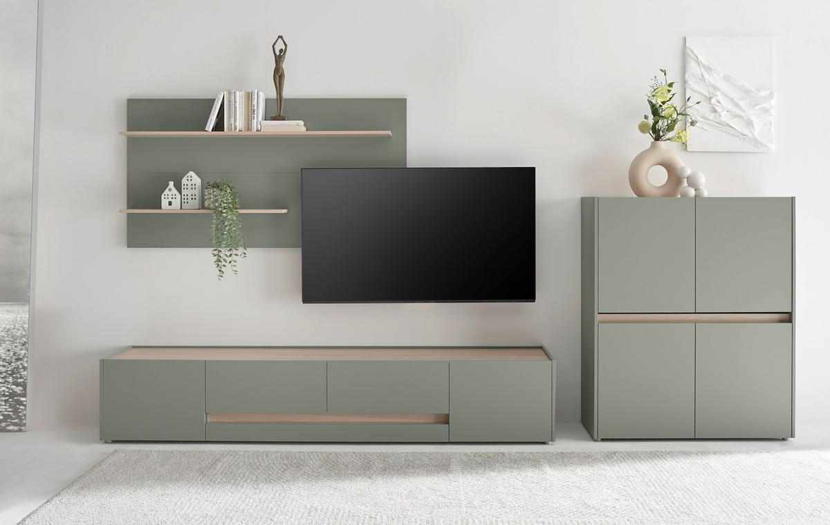 WOHNWAND 3-teilig Salbei grün, Barista Eiche 343 cm, Wohnkombination in modernem Design - Salbeigrün/Eichefarben, Holzwerkstoff/Kunststoff (343/180/45cm) - Furn.Design