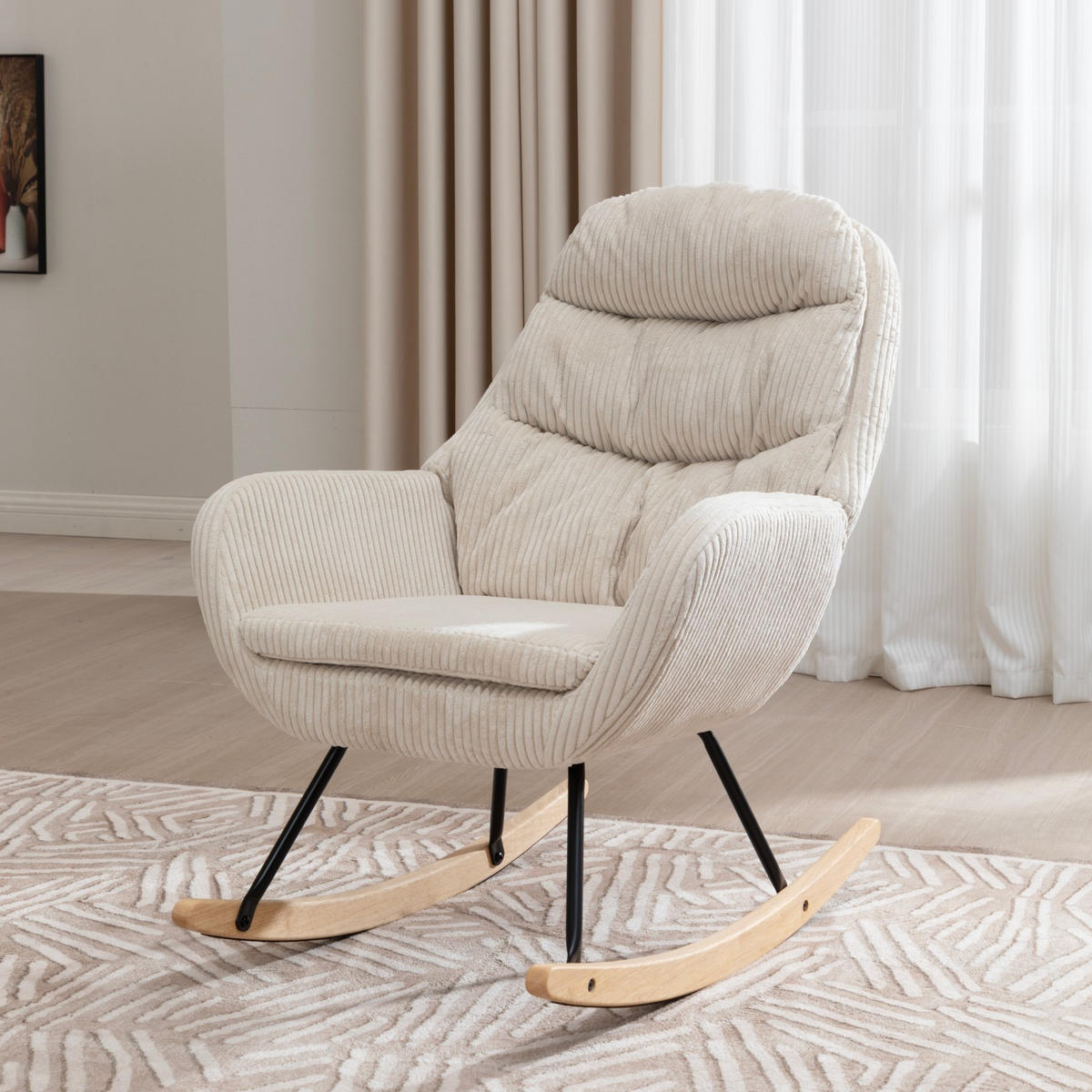 SCHAUKELSTUHL 74/94/96 cm Weiß mit Massivholzrahmen für Wohnzimmer Schlafzimmer Balkon - Weiß, Textil (94/96/74cm) - OKWISH