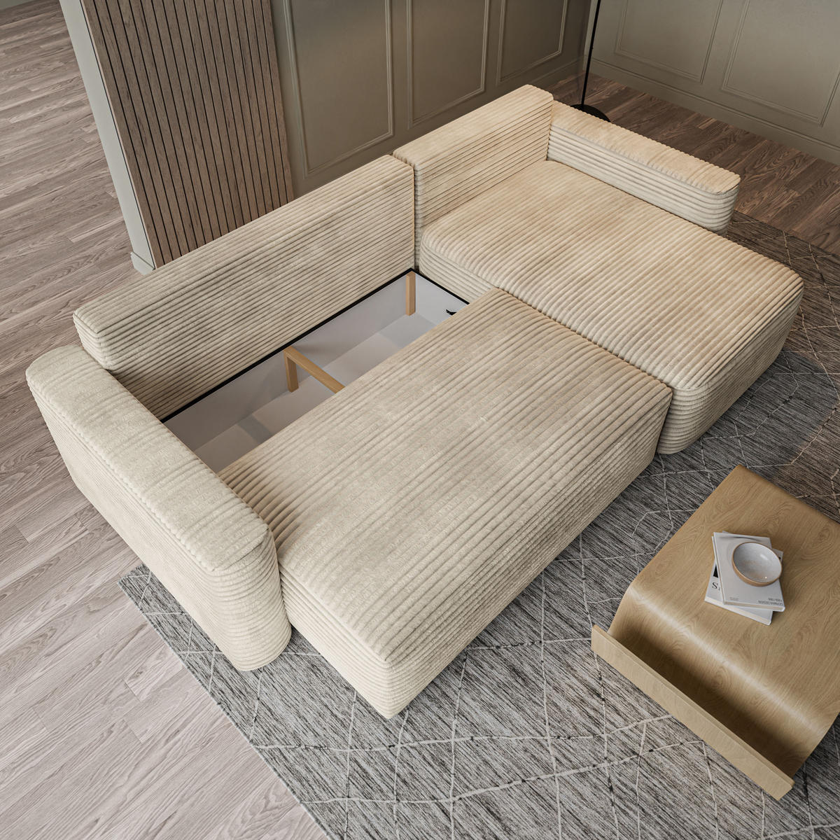 ECKSOFA NERI T Creme Kordstoff mit Schlaffunktion - Creme, Holzwerkstoff/Textil (280/157cm) - MASSENO
