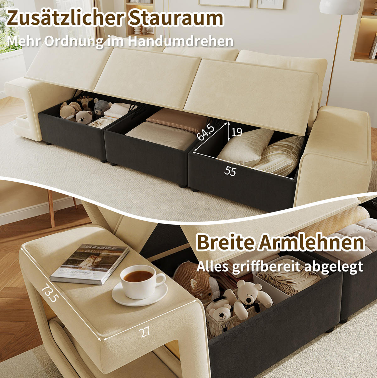 3-SITZER-SOFA 229,5/78/84 cm mit Stauraum, Haustiernischen und Samtbezug, Beige - Beige, Textil (229.5/84/78cm) - Redom